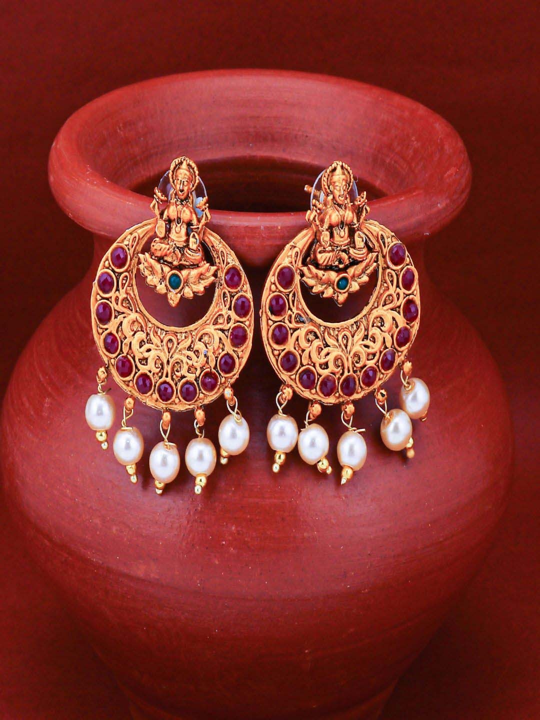 

Sukkhi Gold-Plated Stone Studded & Beaded Contemporary Temple Chandbalis