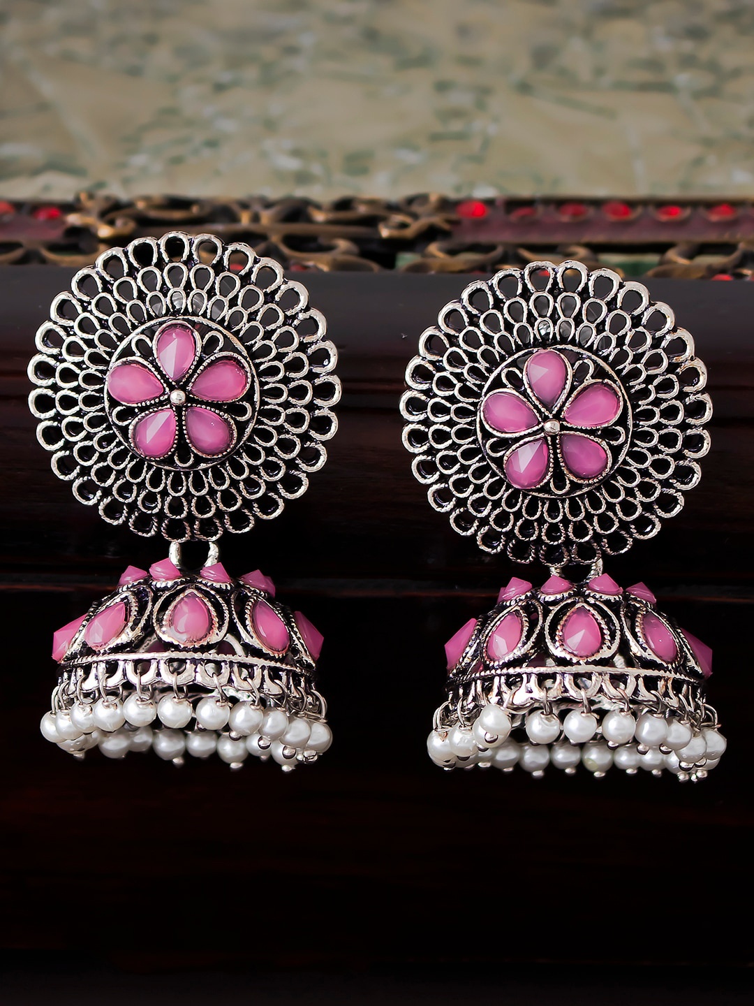 

Sukkhi Silver-Plated Oxidised Dome Shaped Jhumkas Earrings
