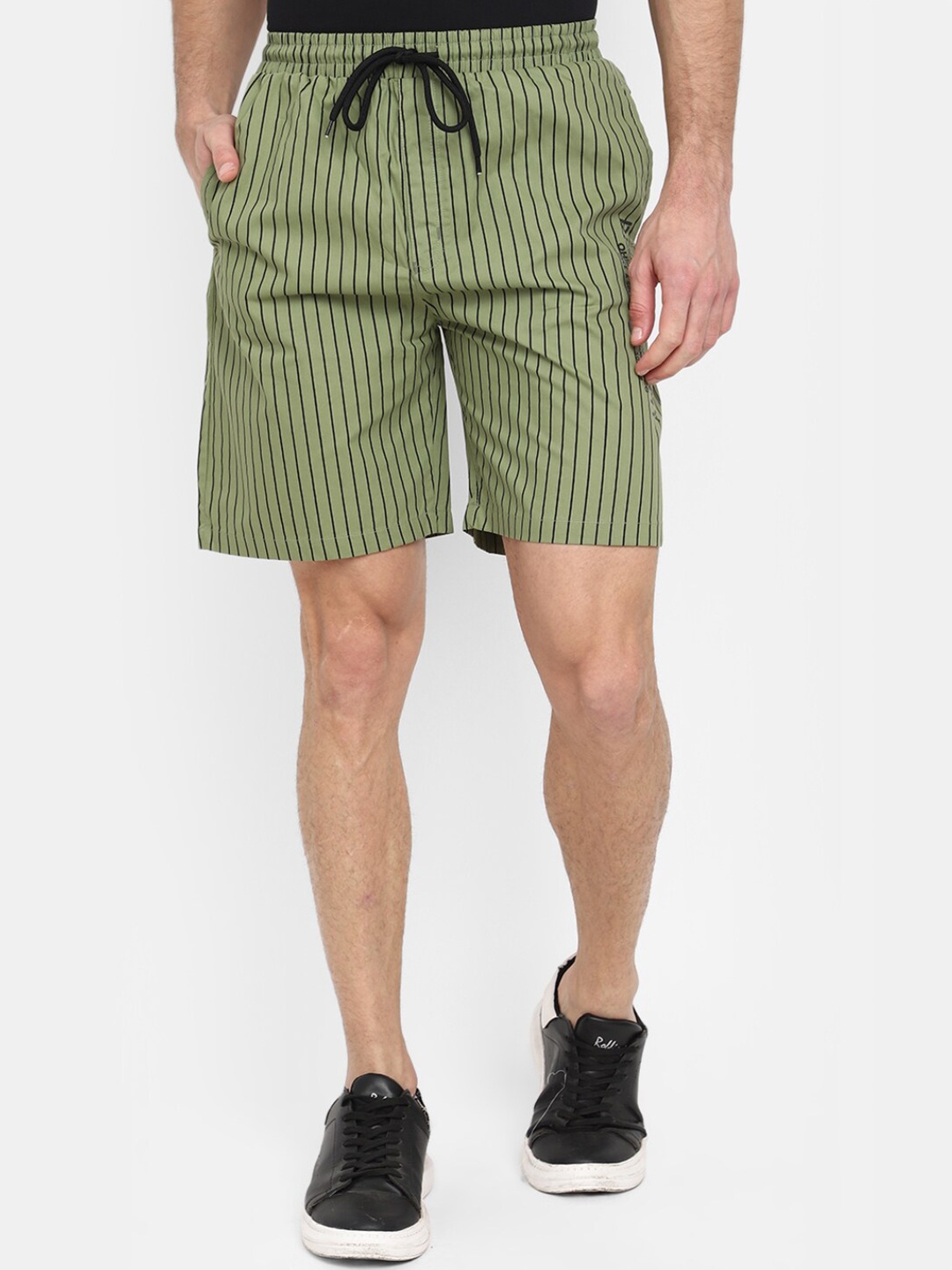 

V-Mart Men Striped Mid-Rise Cotton Shorts, Olive