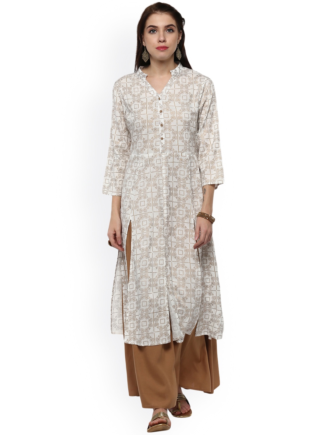 

STREET 9 Women White & Gold-Toned Printed Straight Kurta
