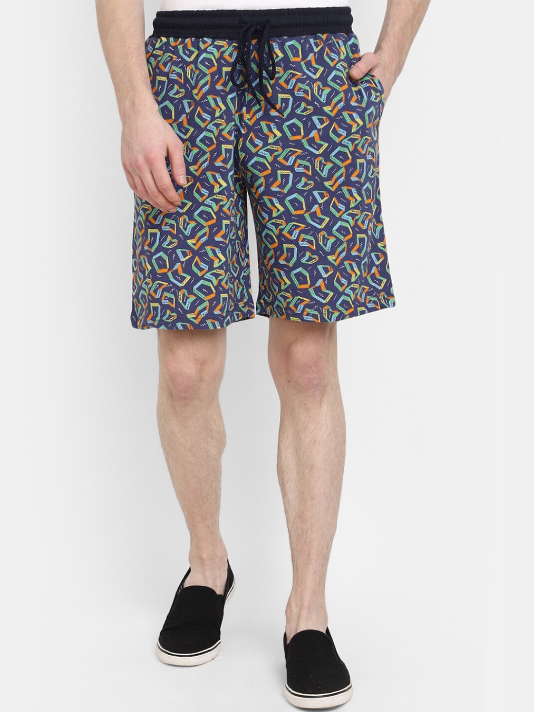 

V-Mart Men Abstract Printed Mid-Rise Casual Shorts, Navy blue