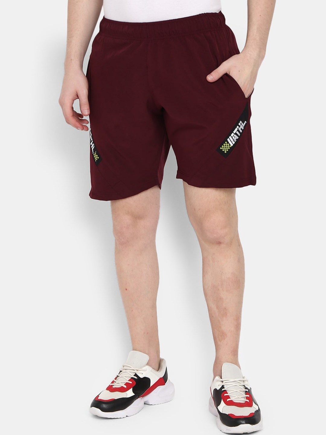 

V-Mart Men Mid-Rise Typography Printed Sports Shorts, Maroon