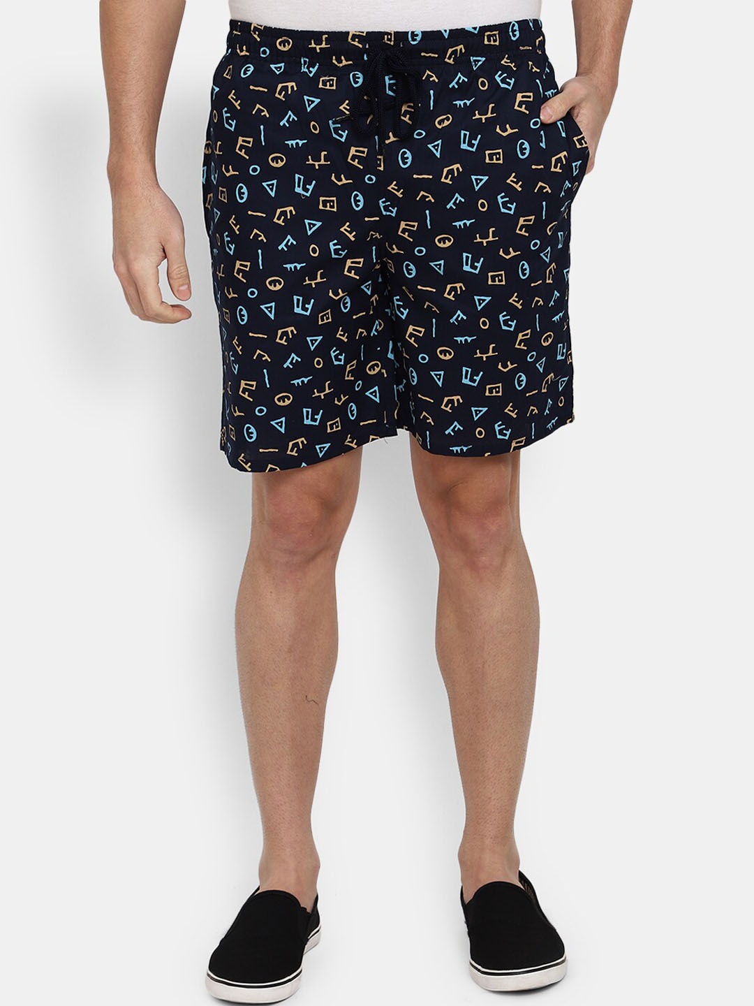 

V-Mart Men Geometric Printed Mid-Rise Cotton Shorts, Navy blue