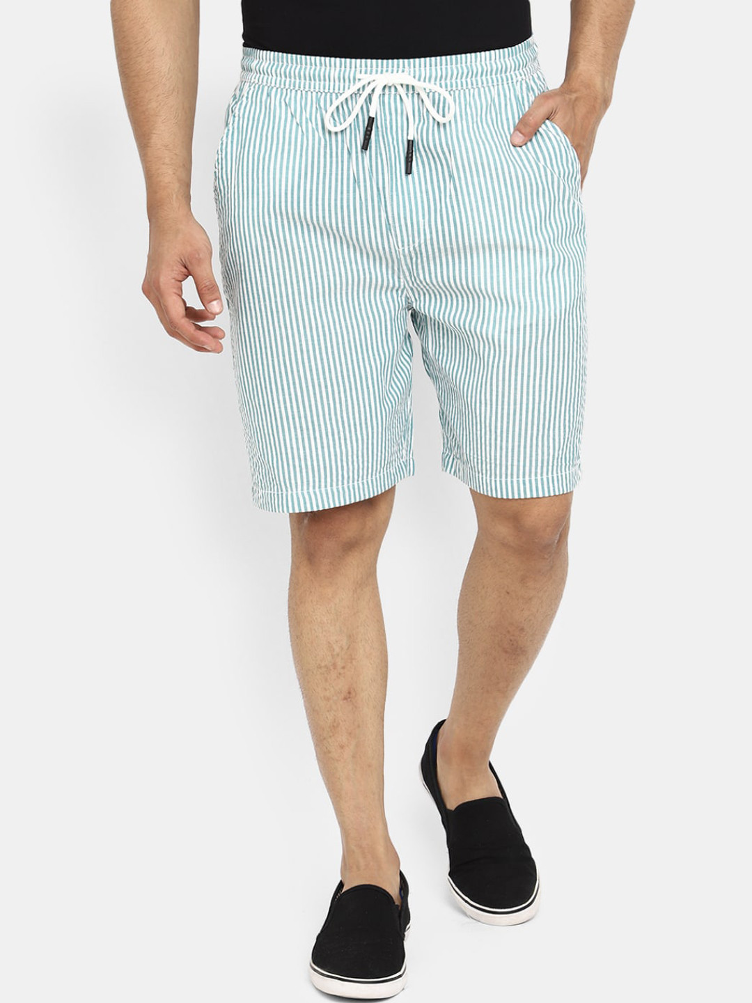 

V-Mart Men Vertical Striped Mid Rise Cotton Shorts, Green