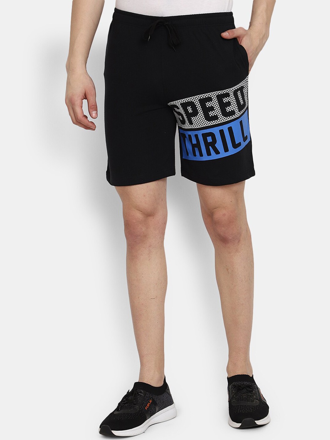 

V-Mart Men Typography Printed Mid-Rise Cotton Sports Shorts, Black