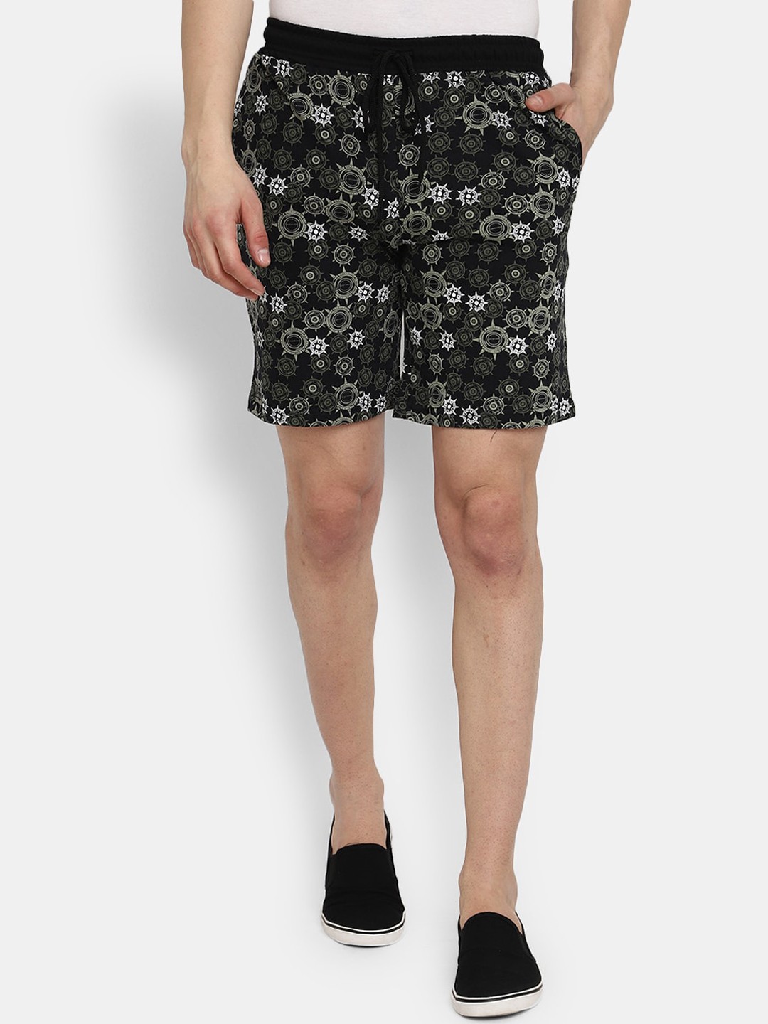 

V-Mart Men Conversational Printed Mid-Rise Regular Fit Cotton Shorts, Black