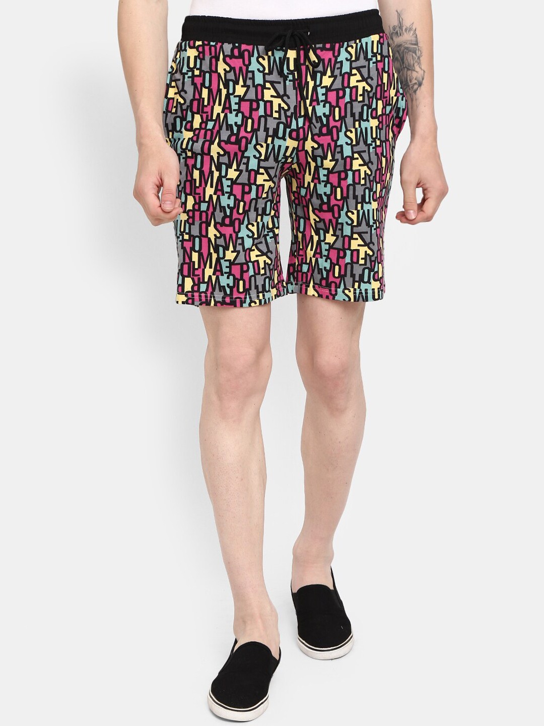 

V-Mart Men Typography Printed Mid-Rise Cotton Shorts, Black