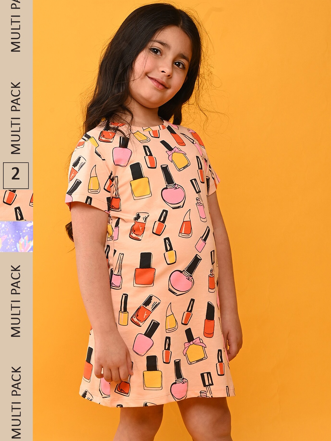 

Anthrilo Girls Pack Of 2 Conversational Printed Pure Cotton Nightdress, Peach