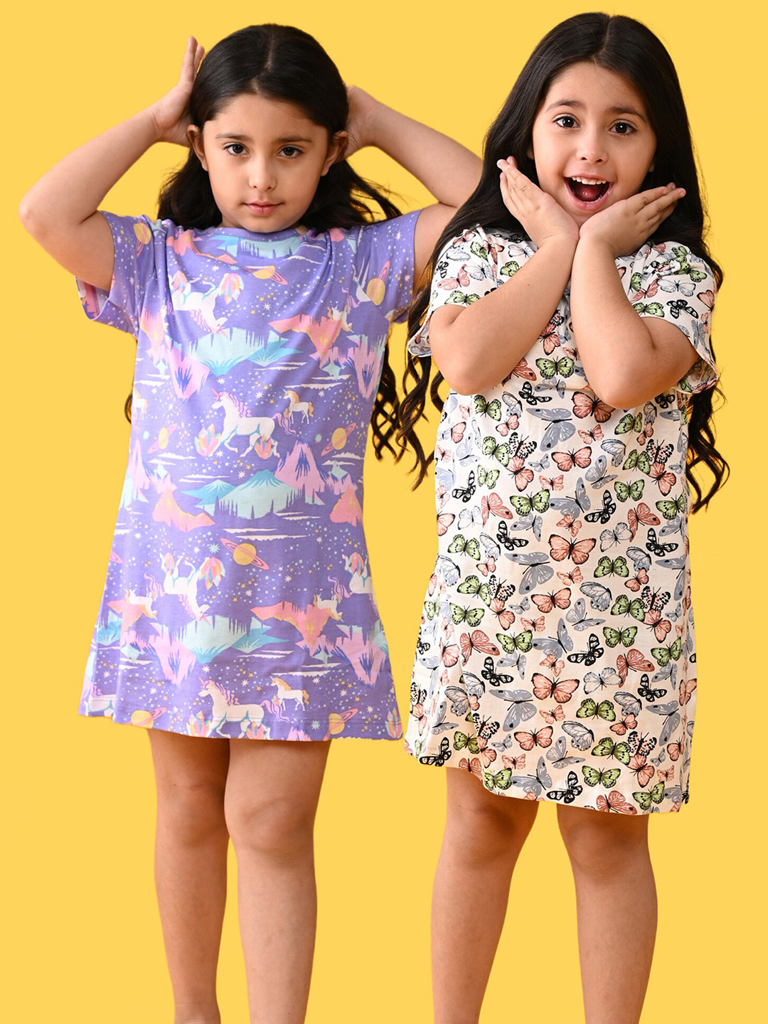 

Anthrilo Girls Pack Of 2 Conversational Printed Pure Cotton Nightdress, Purple