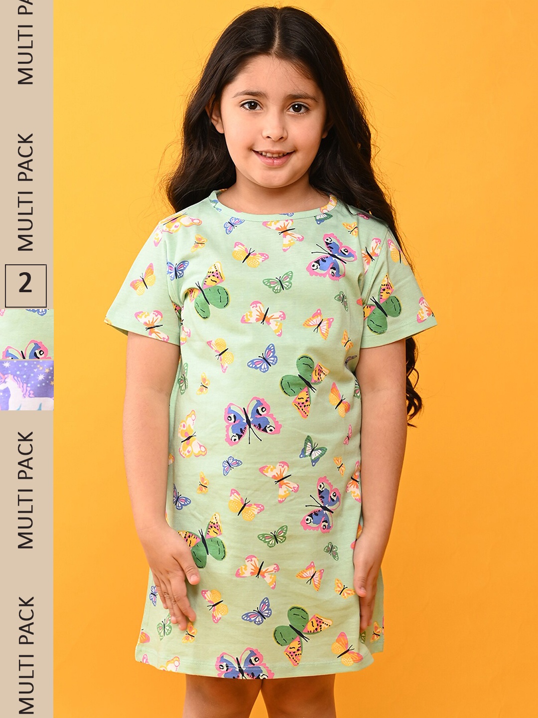 

Anthrilo Girls Pack Of 2 Conversational Printed Pure Cotton Nightdress, Green