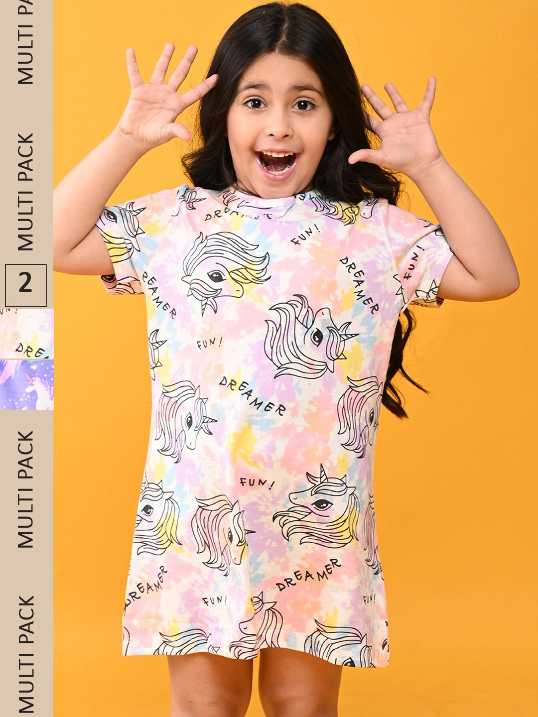 

Anthrilo Girls Pack Of 2 Conversational Printed Pure Cotton Nightdress, Purple