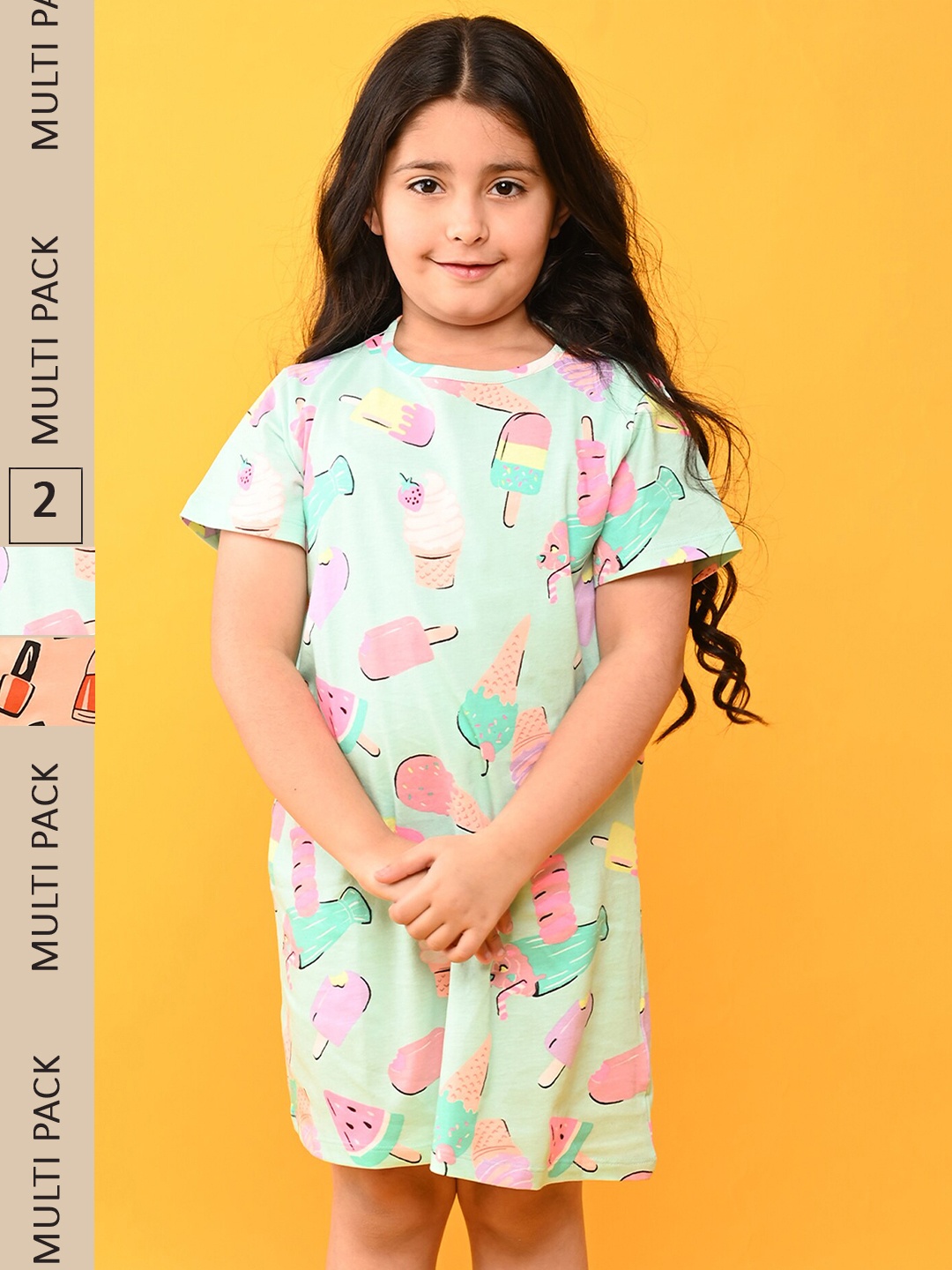 

Anthrilo Girls Pack Of 2 Conversational Printed Pure Cotton Nightdress, Peach