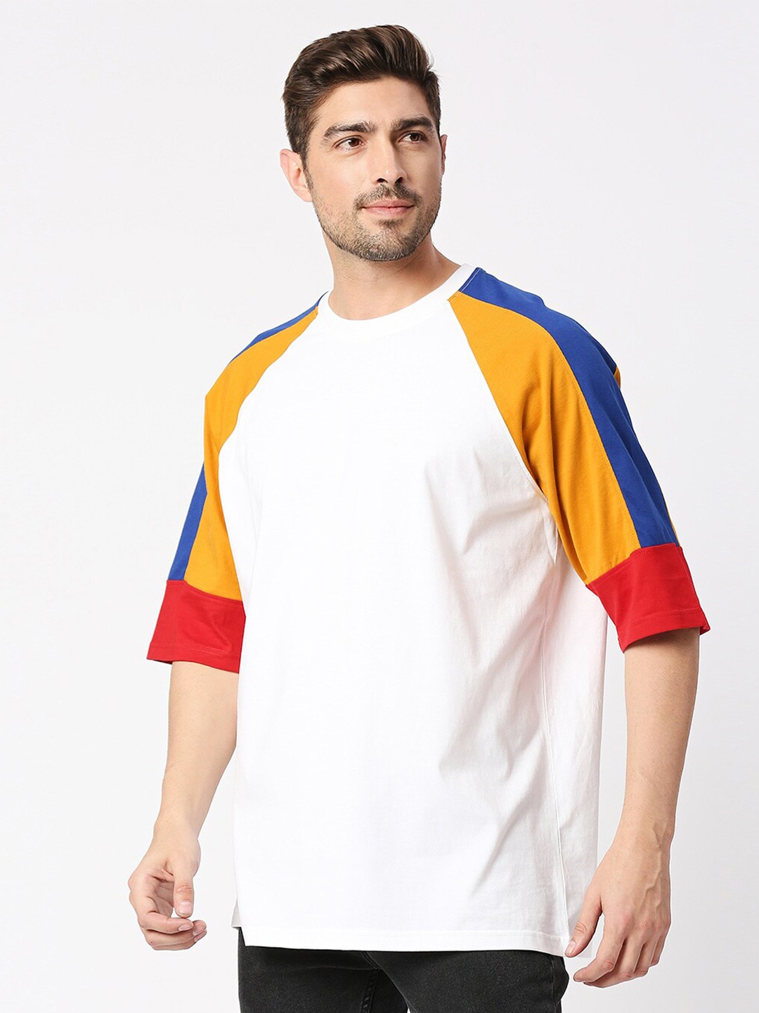 

Blamblack Colourblocked Raglan Sleeves Longline Cotton T-shirt, White