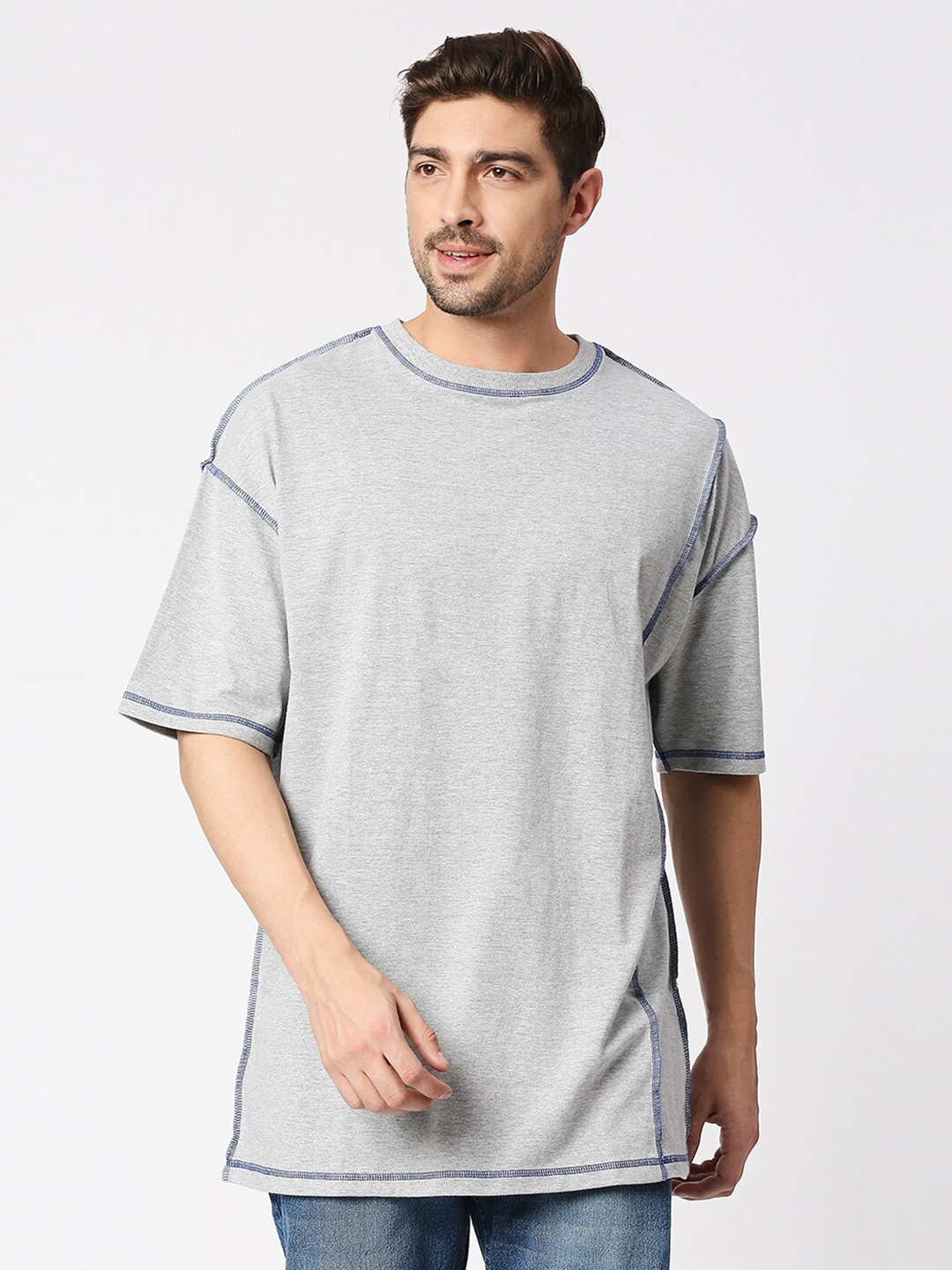 

Blamblack Round Neck Cotton Oversize T-shirt, Grey