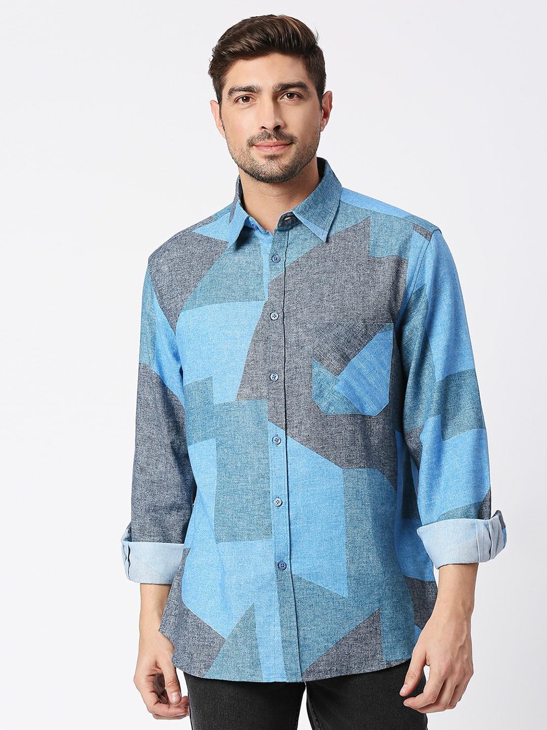 

Blamblack Relaxed Geometric Printed Spread Collar Casual Shirt, Blue