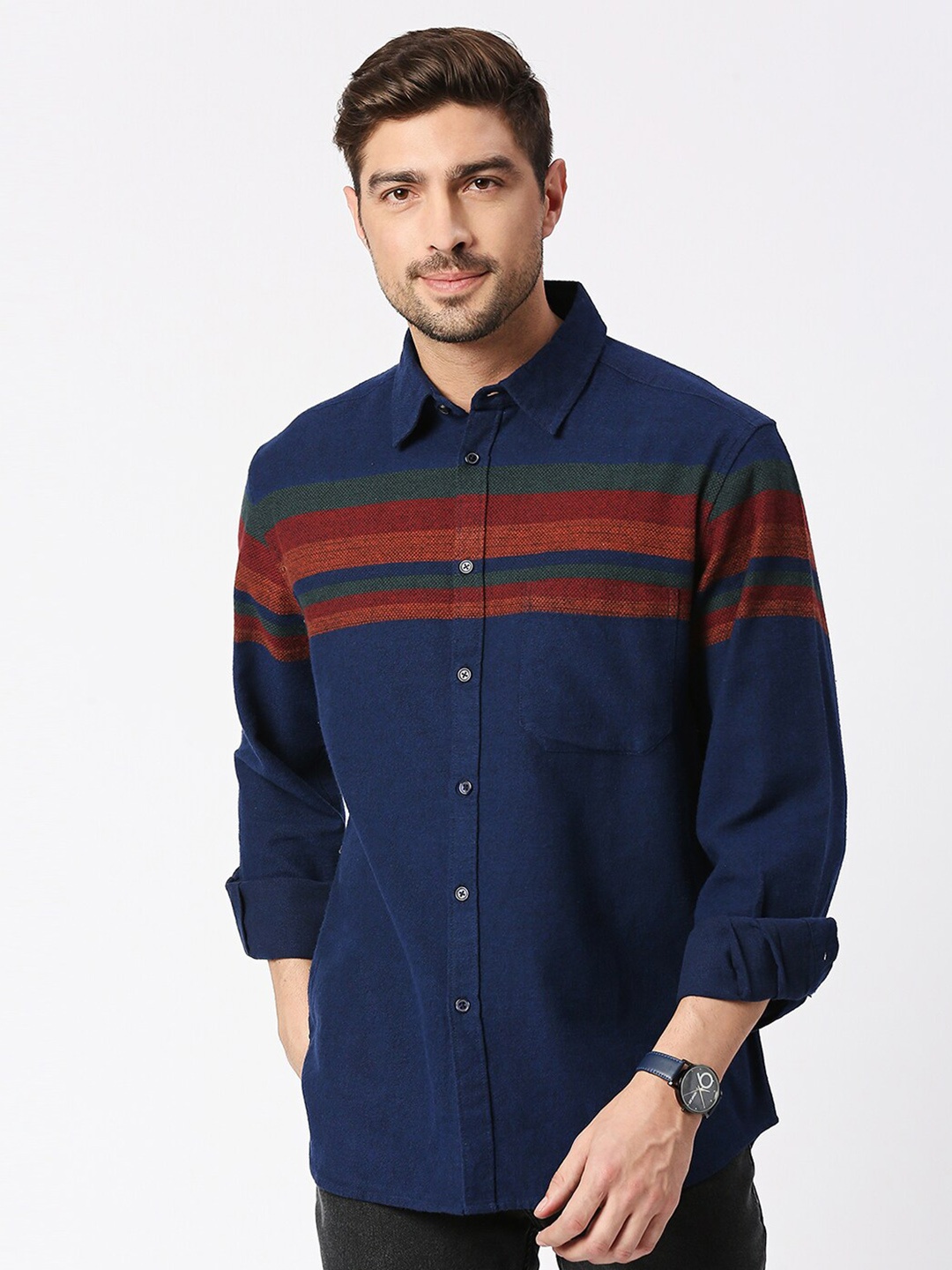 

Blamblack Relaxed Striped Spread Collar Casual Shirt, Navy blue