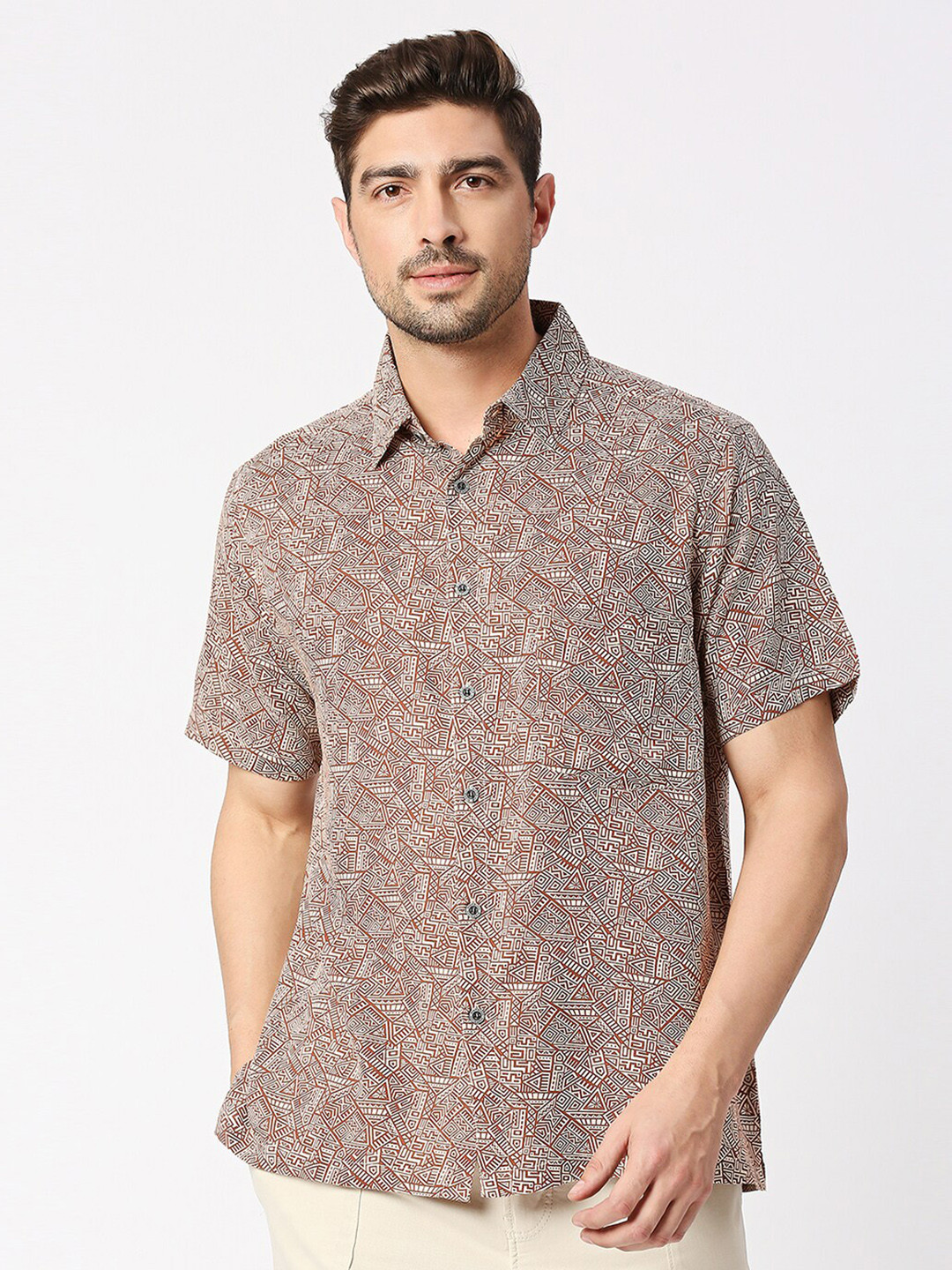 

Blamblack Relaxed Ethnic Printed Spread Collar Casual Shirt, Brown