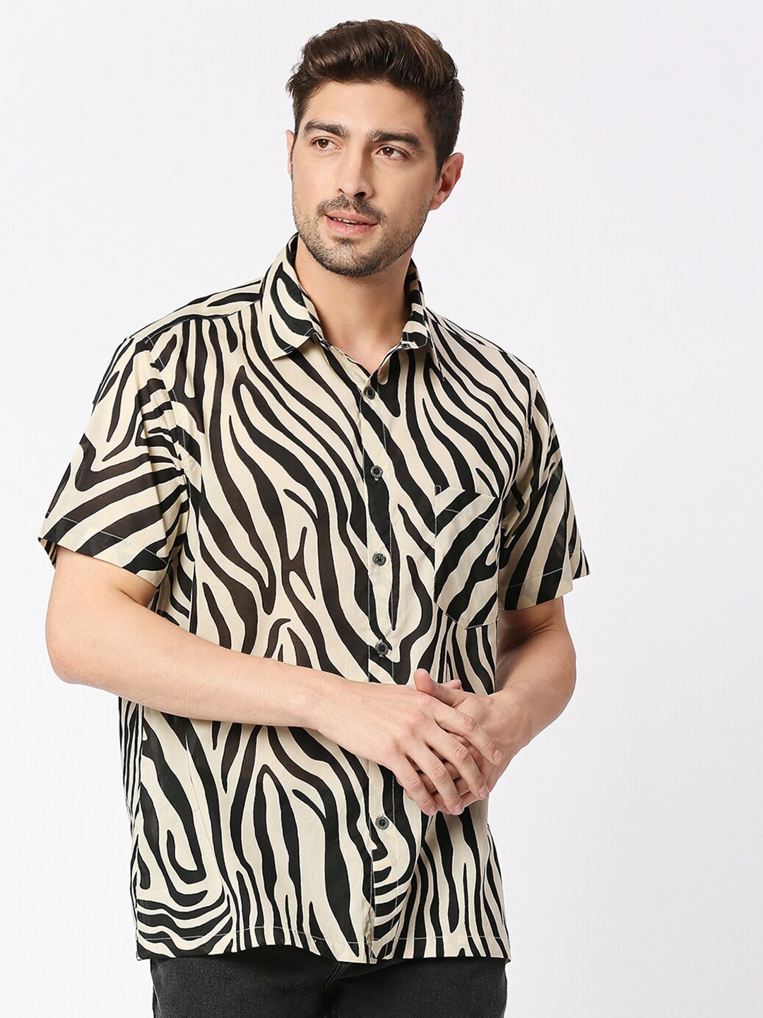 

Blamblack Relaxed Abstract Printed Spread Collar Cotton Casual Shirt, Brown