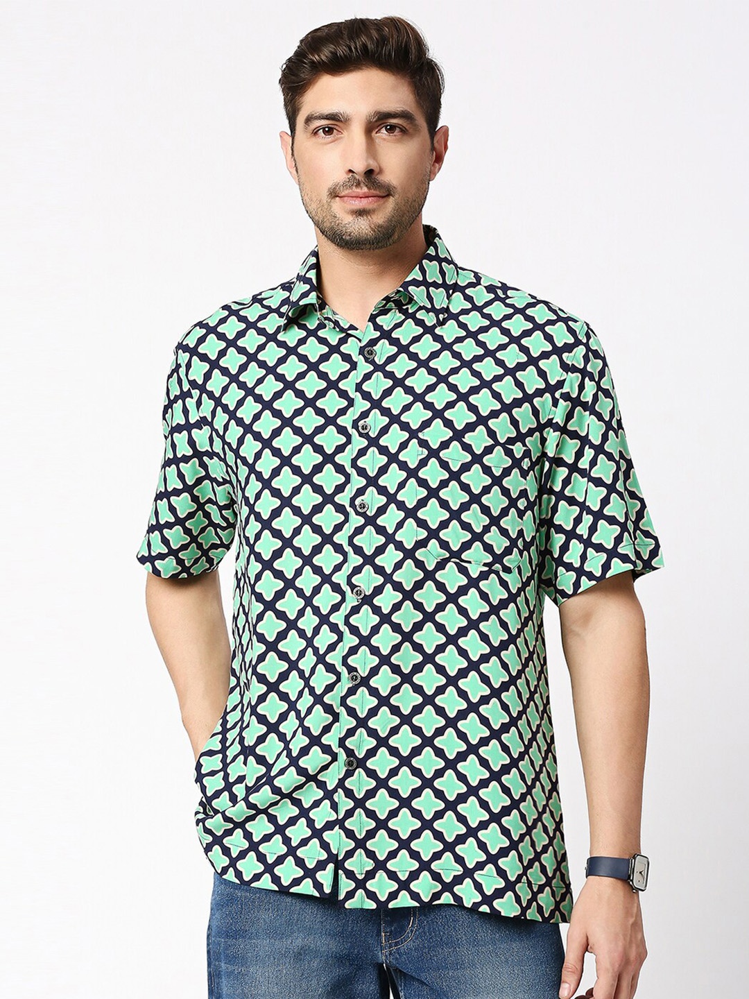 

Blamblack Relaxed Conversational Printed Spread Collar Casual Shirt, Green