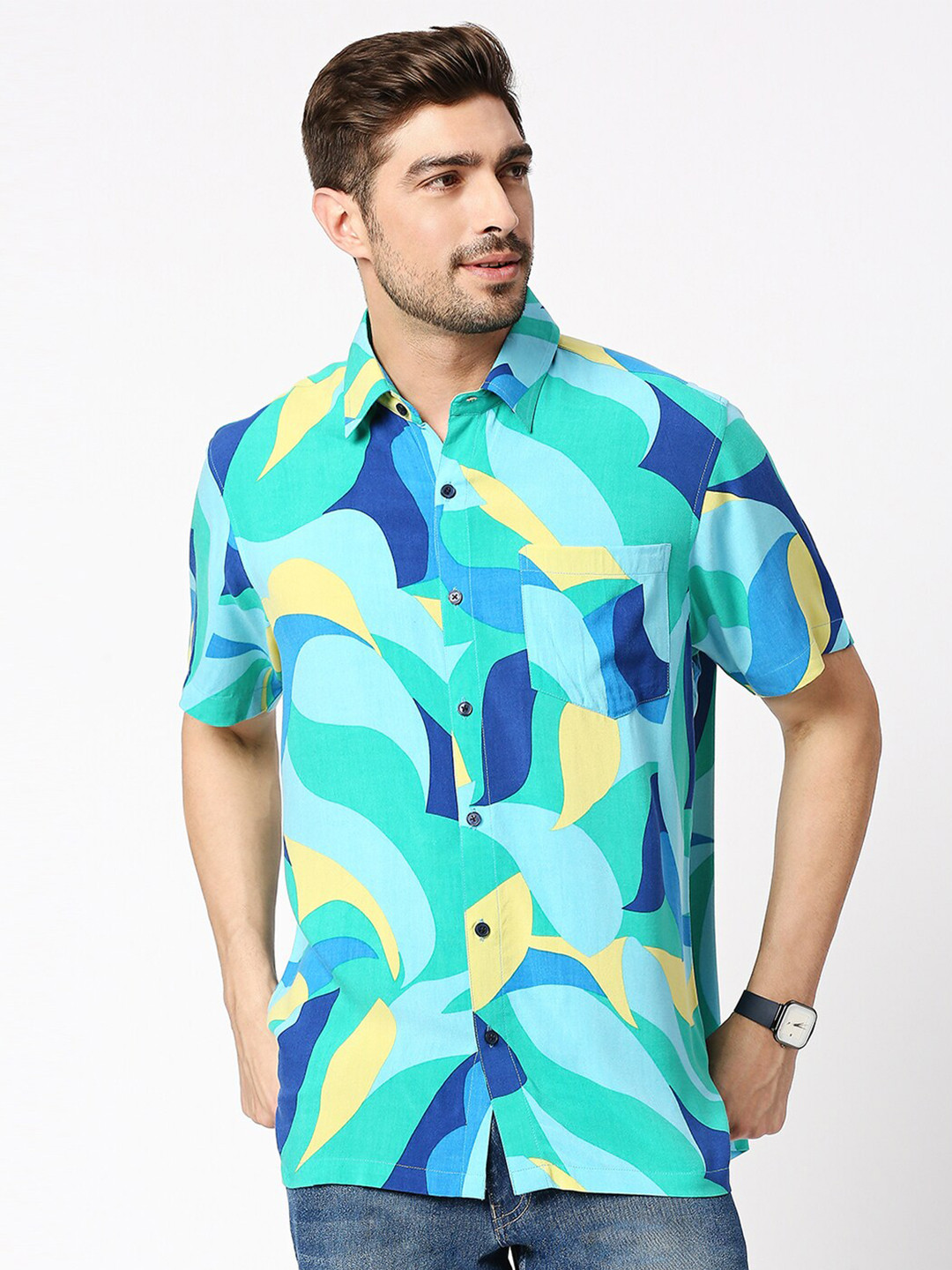 

Blamblack Abstract Printed Short Sleeves Relaxed Fit Casual Shirt, Teal