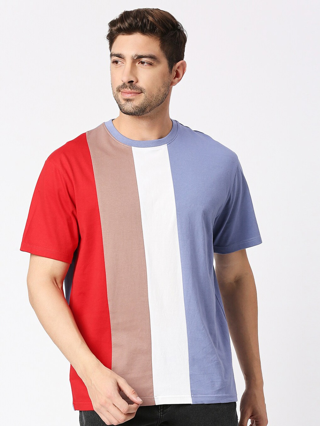 

Blamblack Striped Round Neck Cotton T-shirt, Red