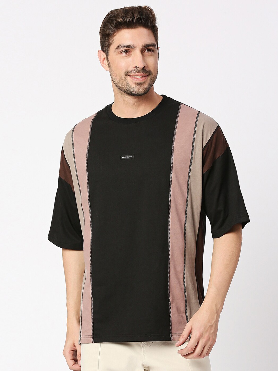 

Blamblack Striped Round Neck Drop Shoulder Sleeves Cotton Oversize T-shirt, Black