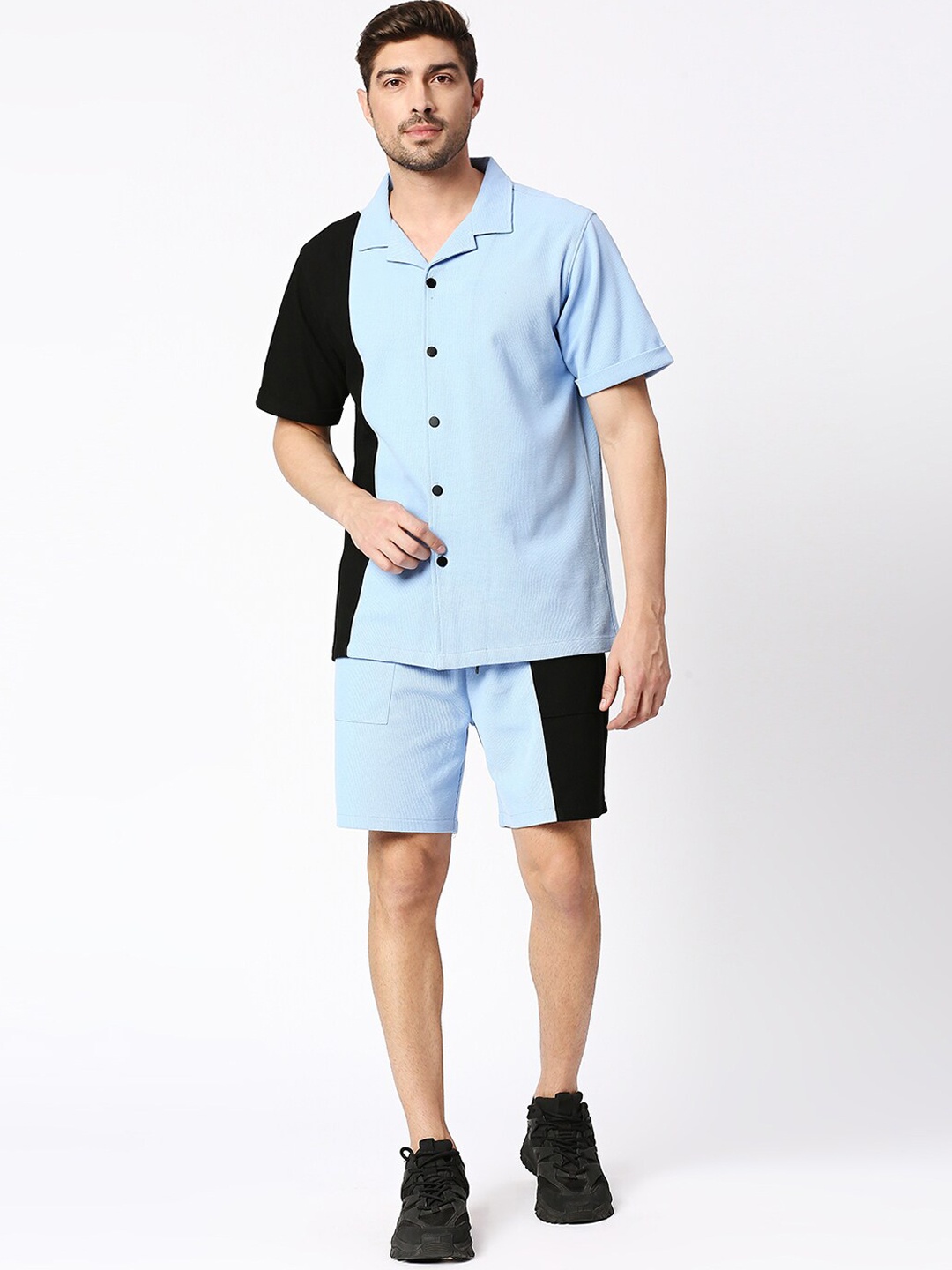 

Blamblack Colourblocked Shirt With Shorts Co-Ords, Blue