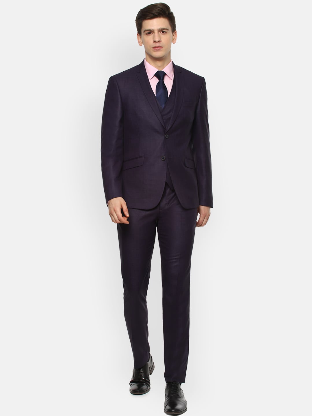 

V Dot Self Design Slim-Fit Single-Breasted Three-Piece Formal Suit, Navy blue