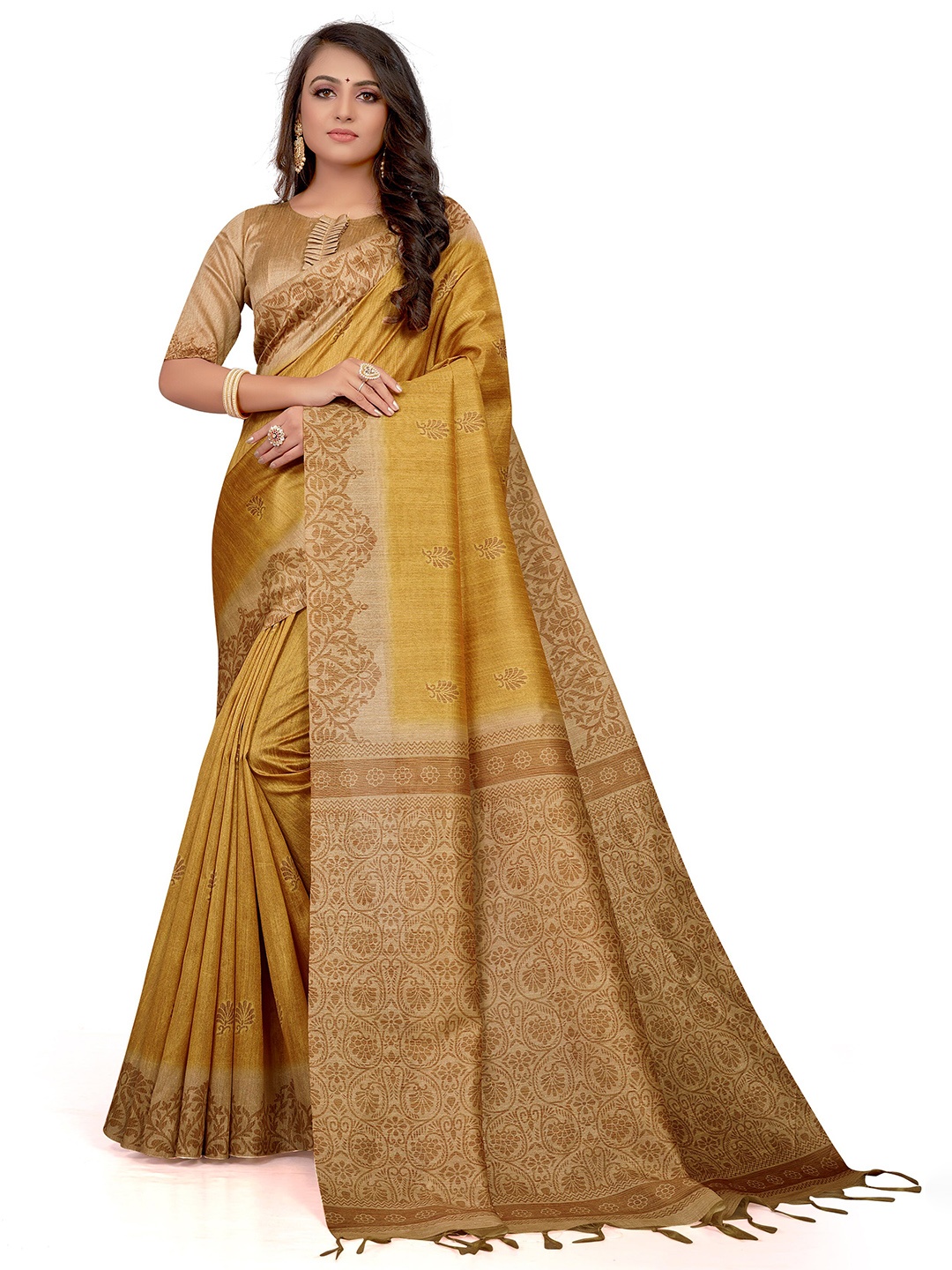 

Mitera Floral Art Silk Bhagalpuri Saree With Blouse Piece, Mustard