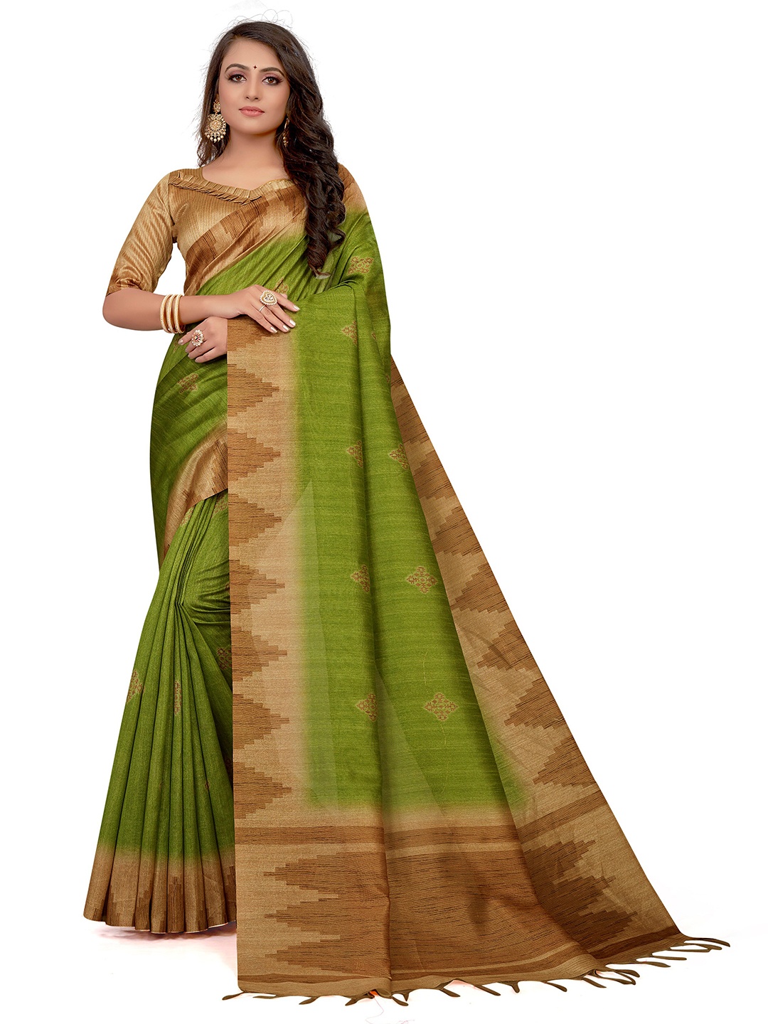 

Mitera Green & Beige Ethnic Motifs Printed Bhagalpuri Saree