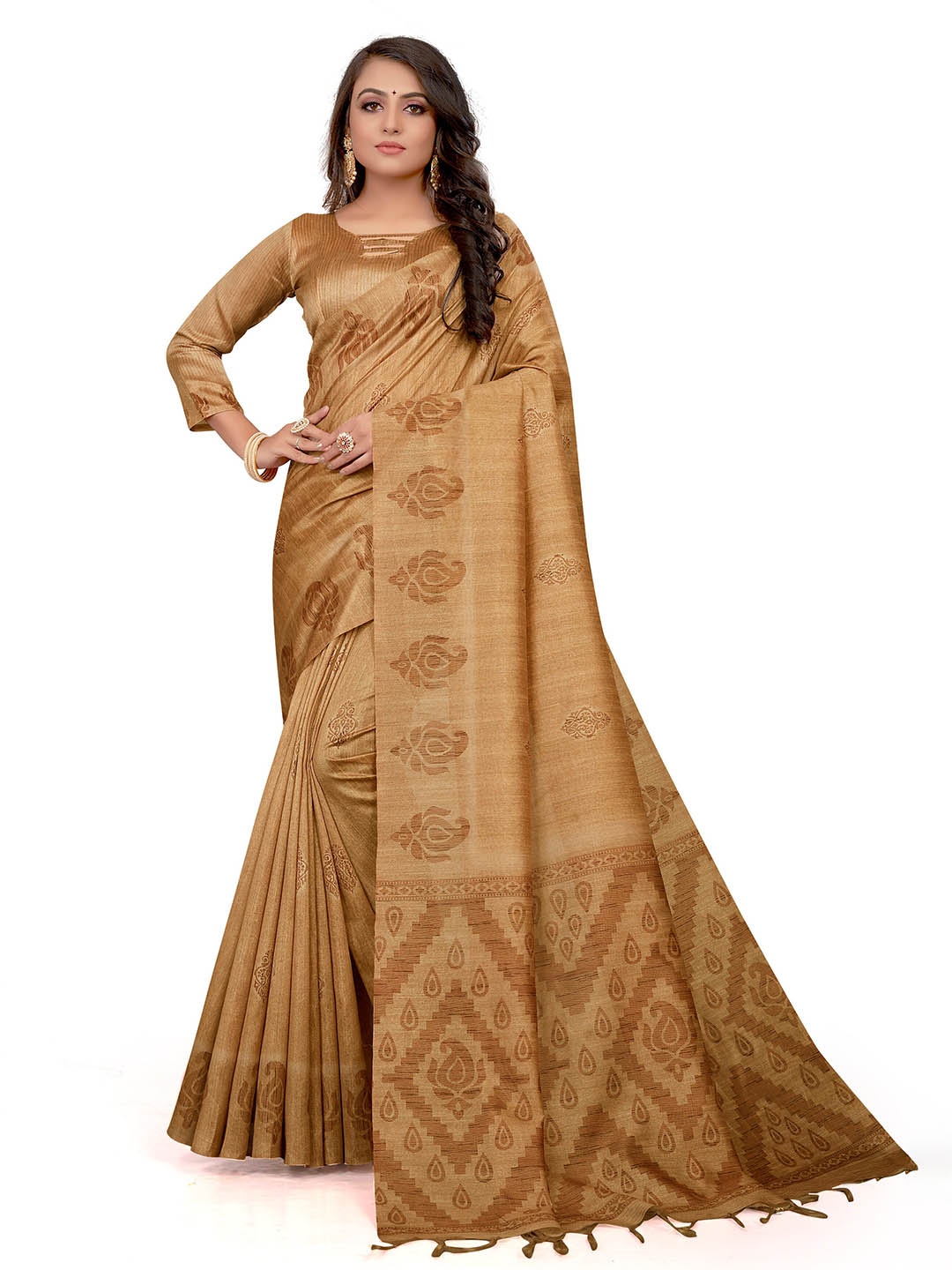 

Mitera Ethnic Motif Art Silk Bhagalpuri Saree With Tassel, Beige