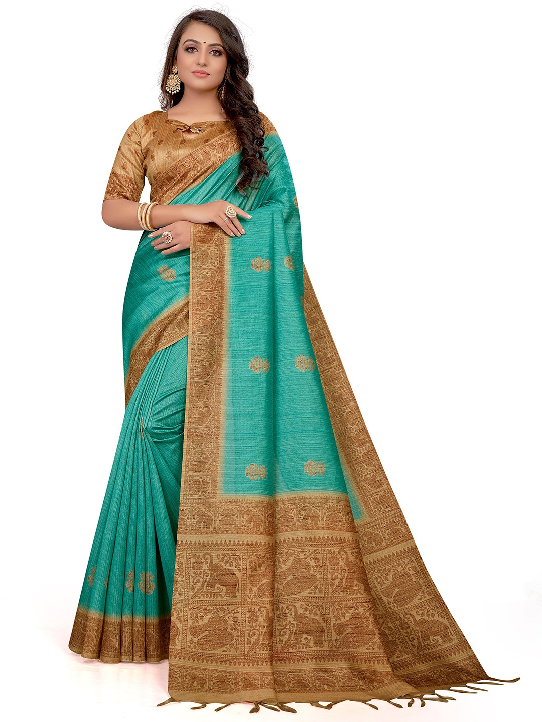 

Mitera Ethnic Motif Art Silk Bhagalpuri Zari Saree With Tassel, Teal