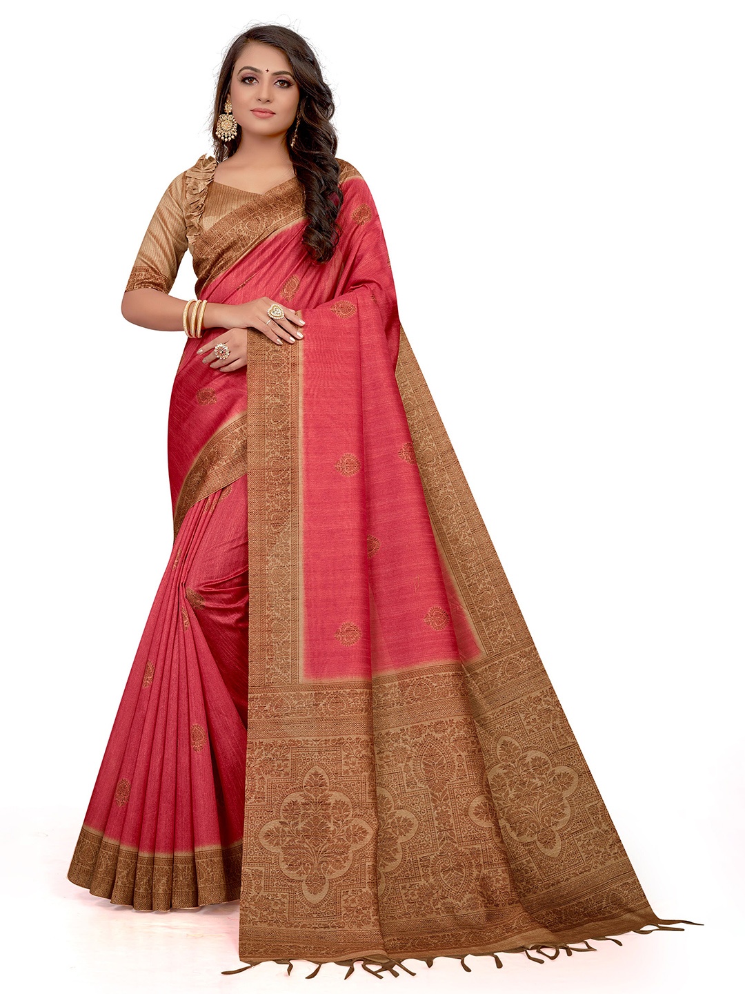 

Mitera Pink & Beige Ethnic Motifs Art Silk Bhagalpuri Saree