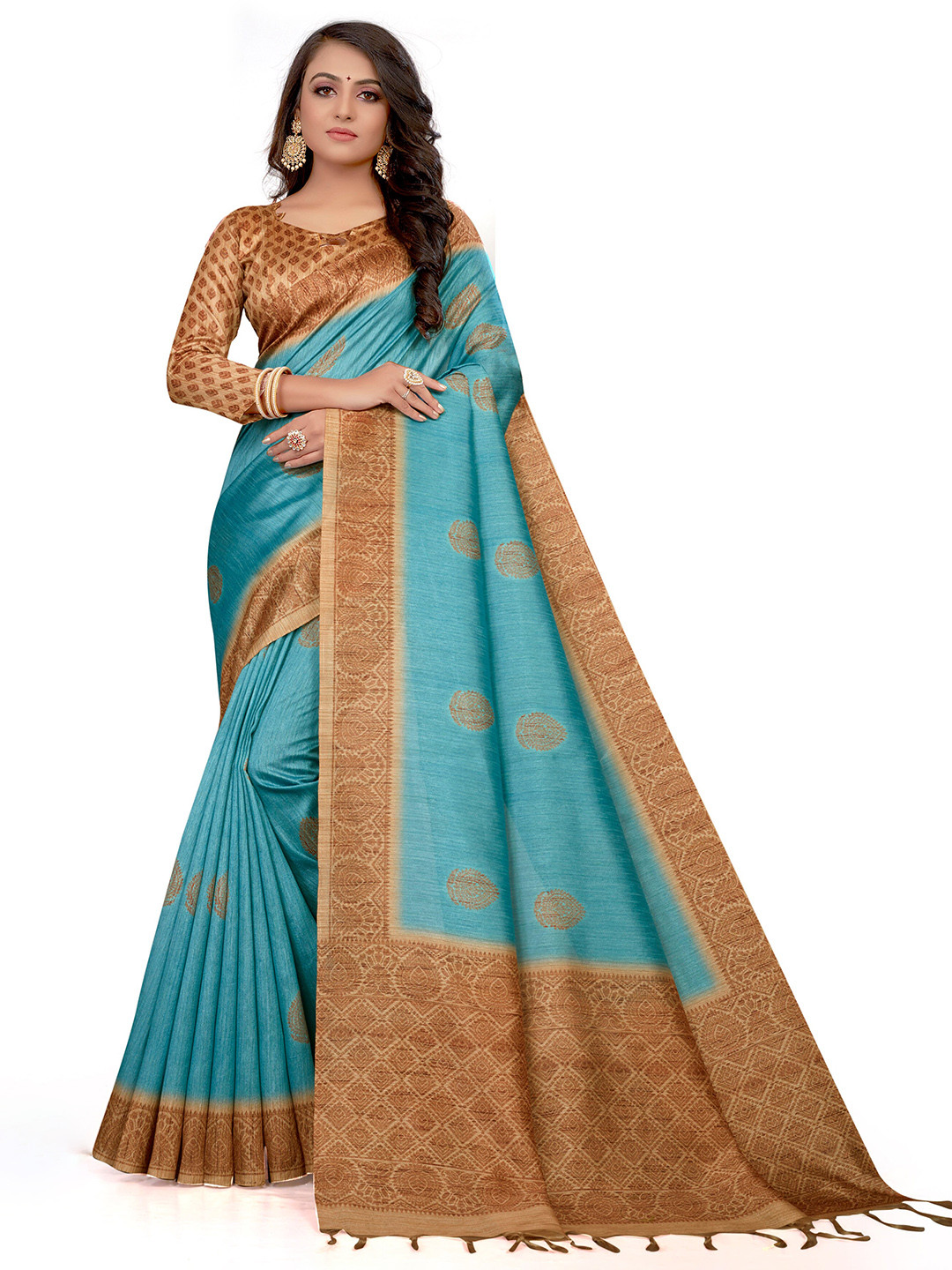 

Mitera Turquoise Blue & Brown Ethnic Motifs Printed Bhagalpuri Saree