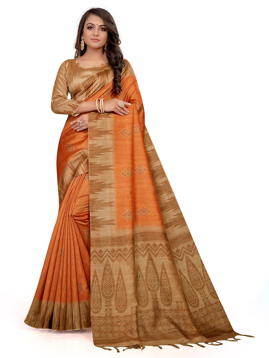 

Mitera Orange & Beige Ethnic Motifs Printed Bhagalpuri Saree