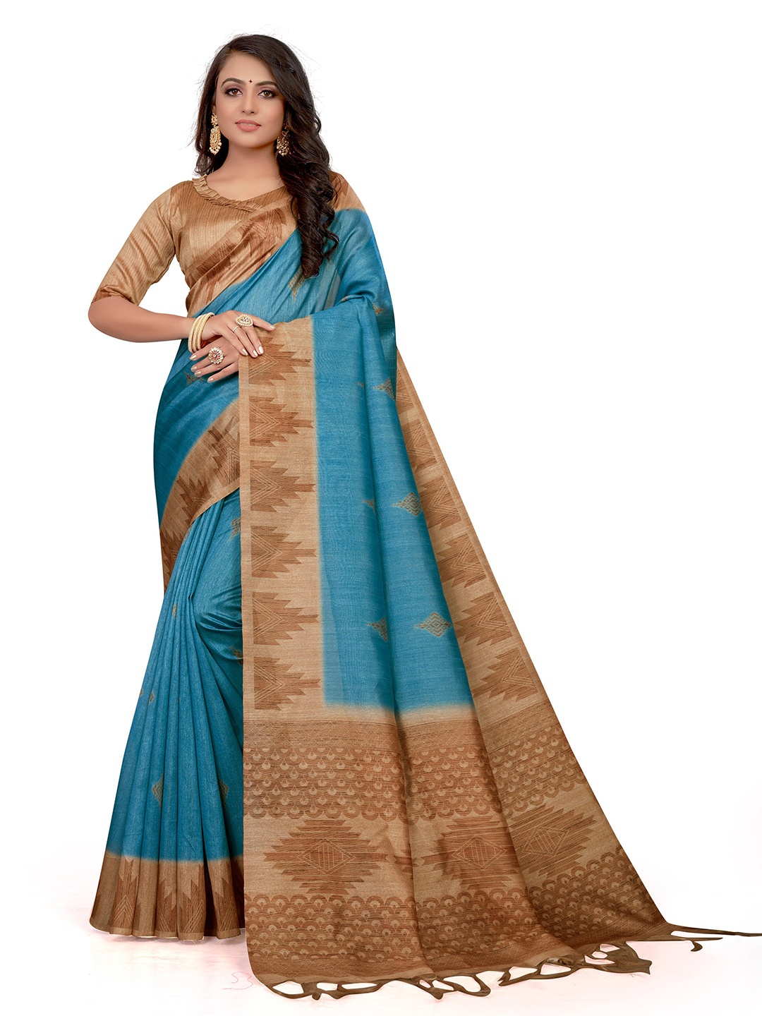 

Mitera Turquoise Blue & Brown Ethnic Motifs Printed Bhagalpuri Saree