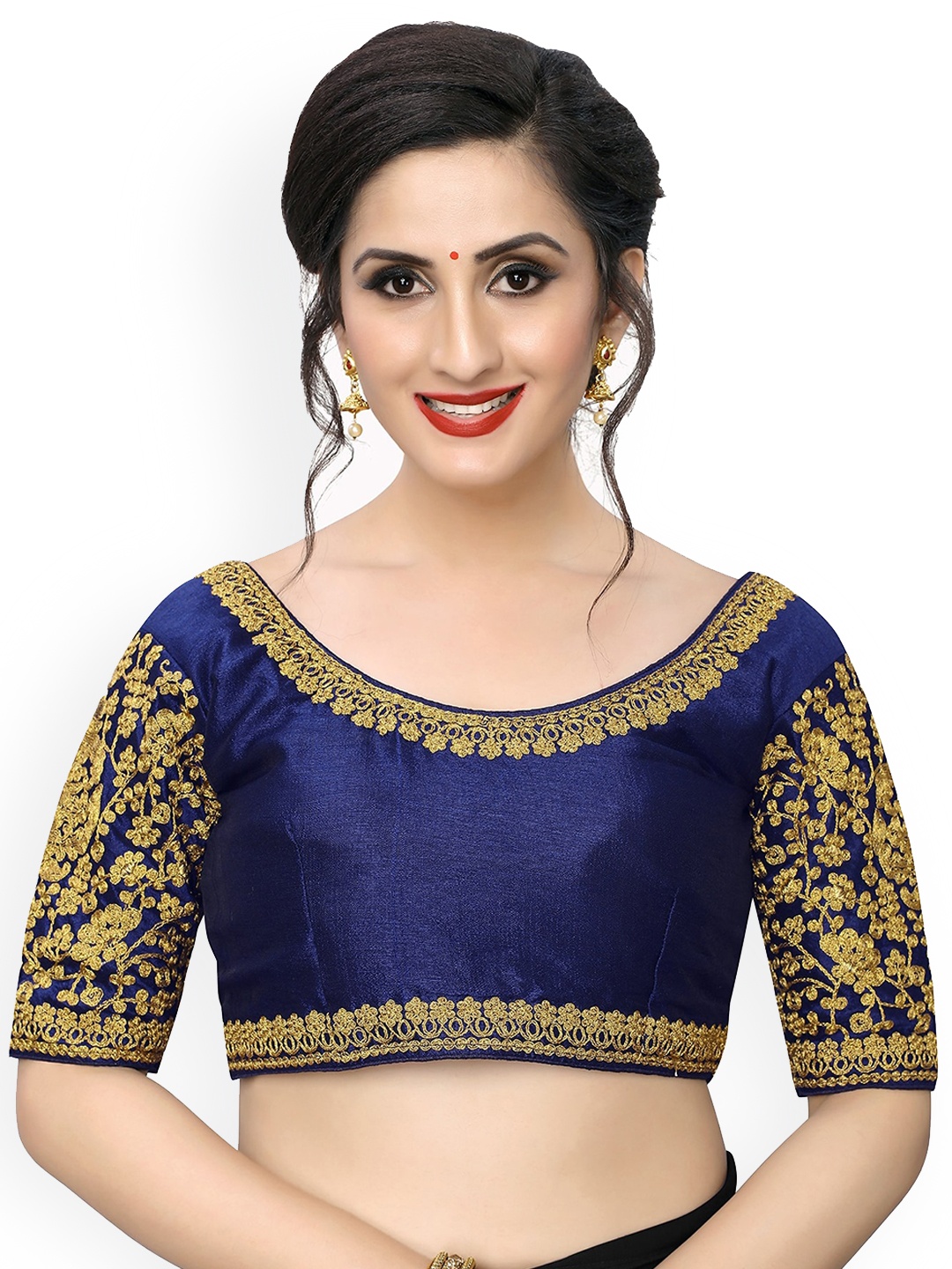

Fab Viva Embroidered Round Neck Saree Blouse, Navy blue