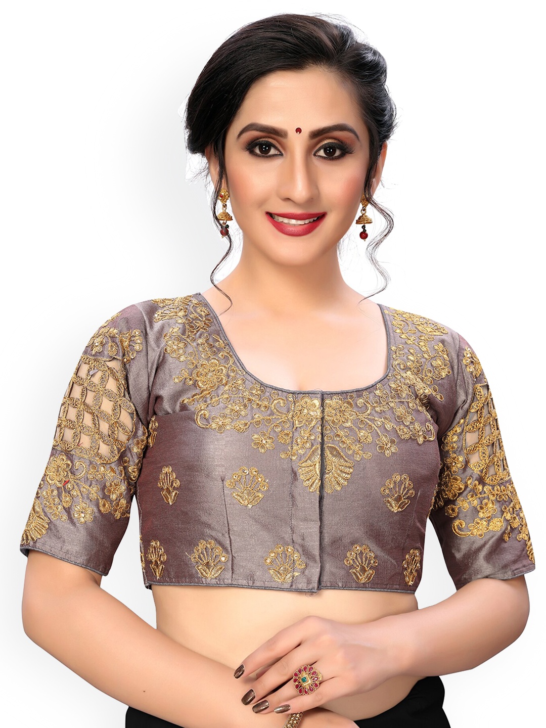 

Fab Viva Embroidered Silk Readymade Saree Blouse, Grey