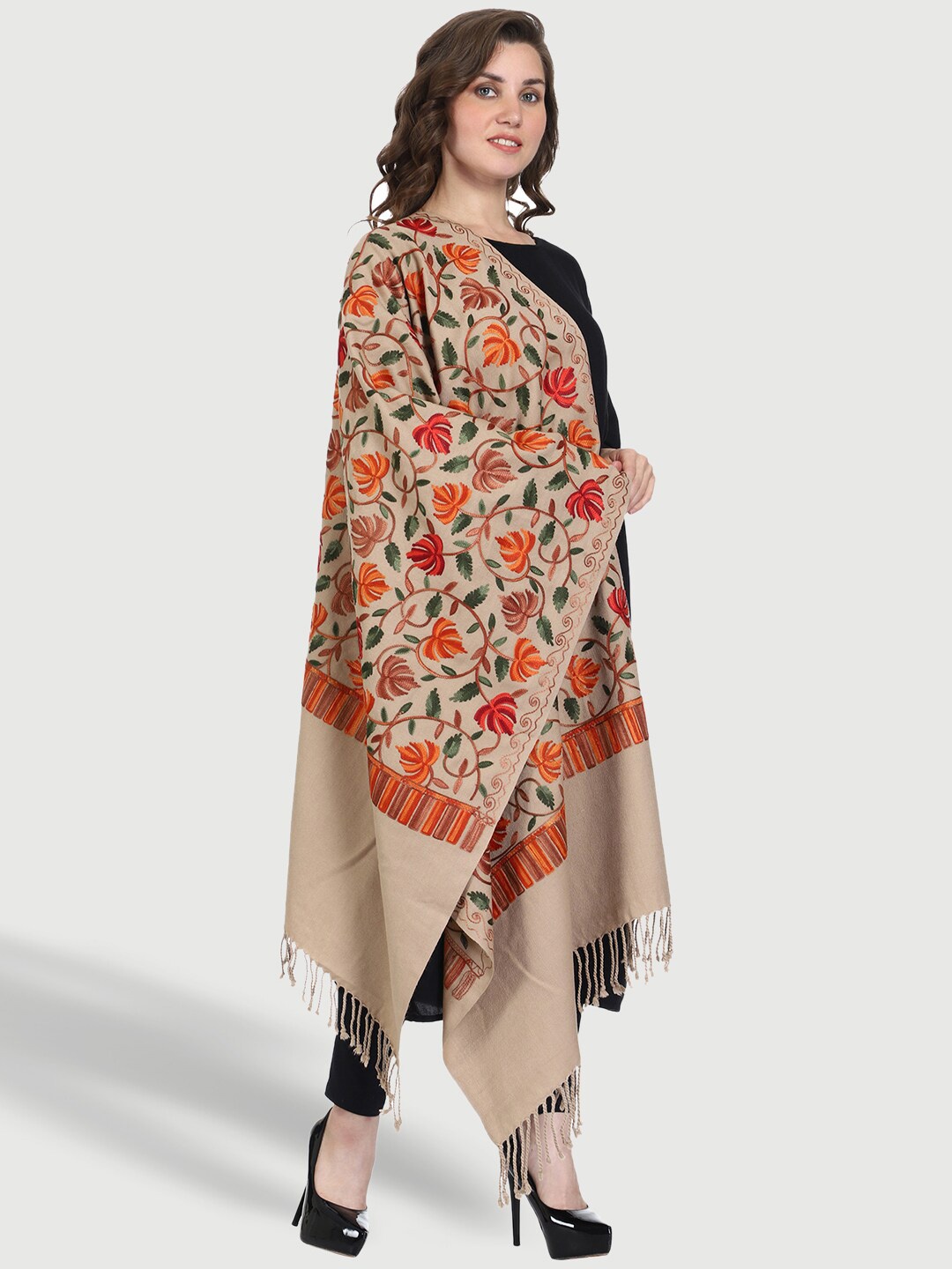 

SWI Stylish Women Aari Woollen Embroidered Stole, Brown