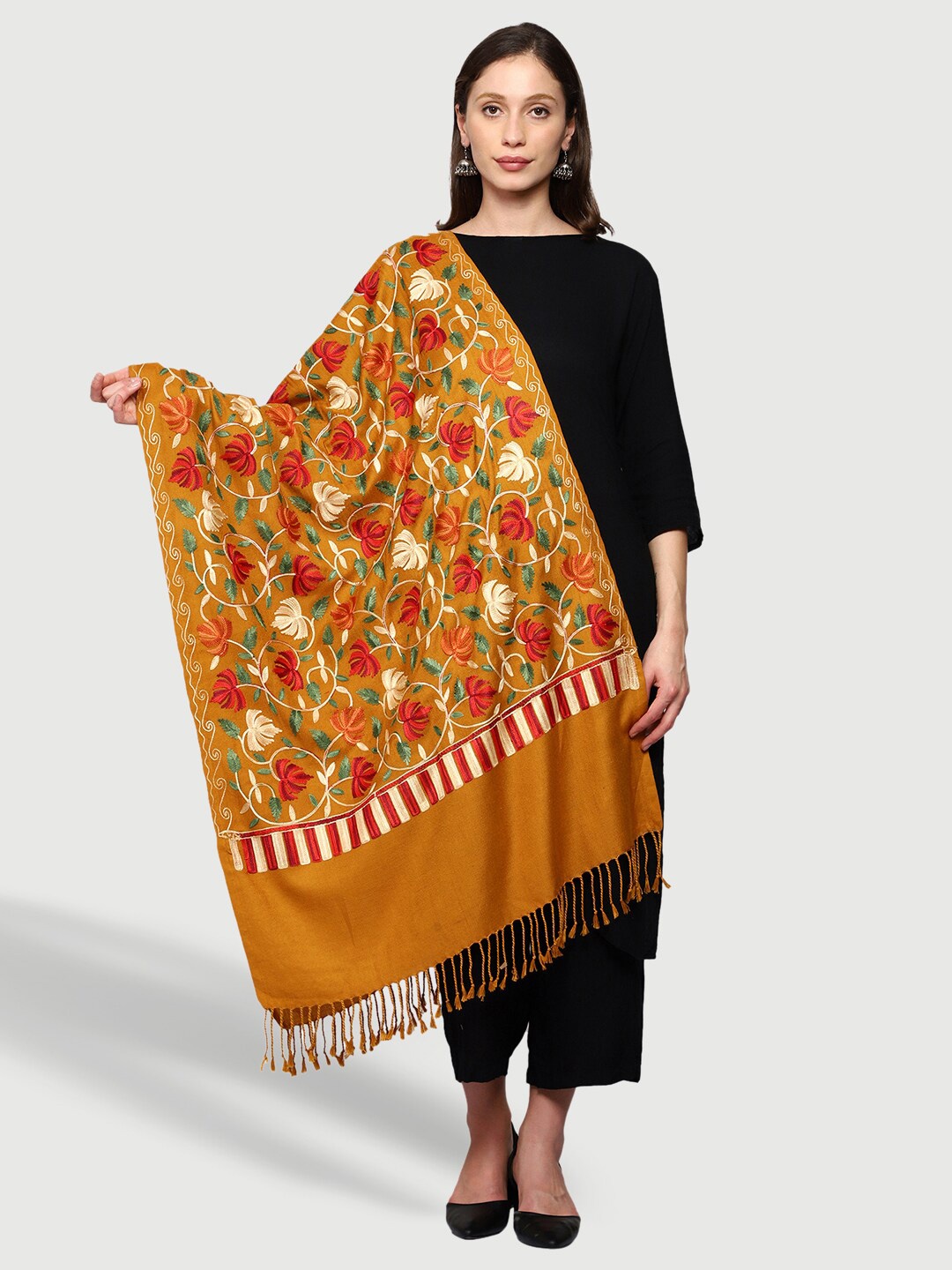 

SWI Stylish Floral Embroidered Woollen Stole, Mustard