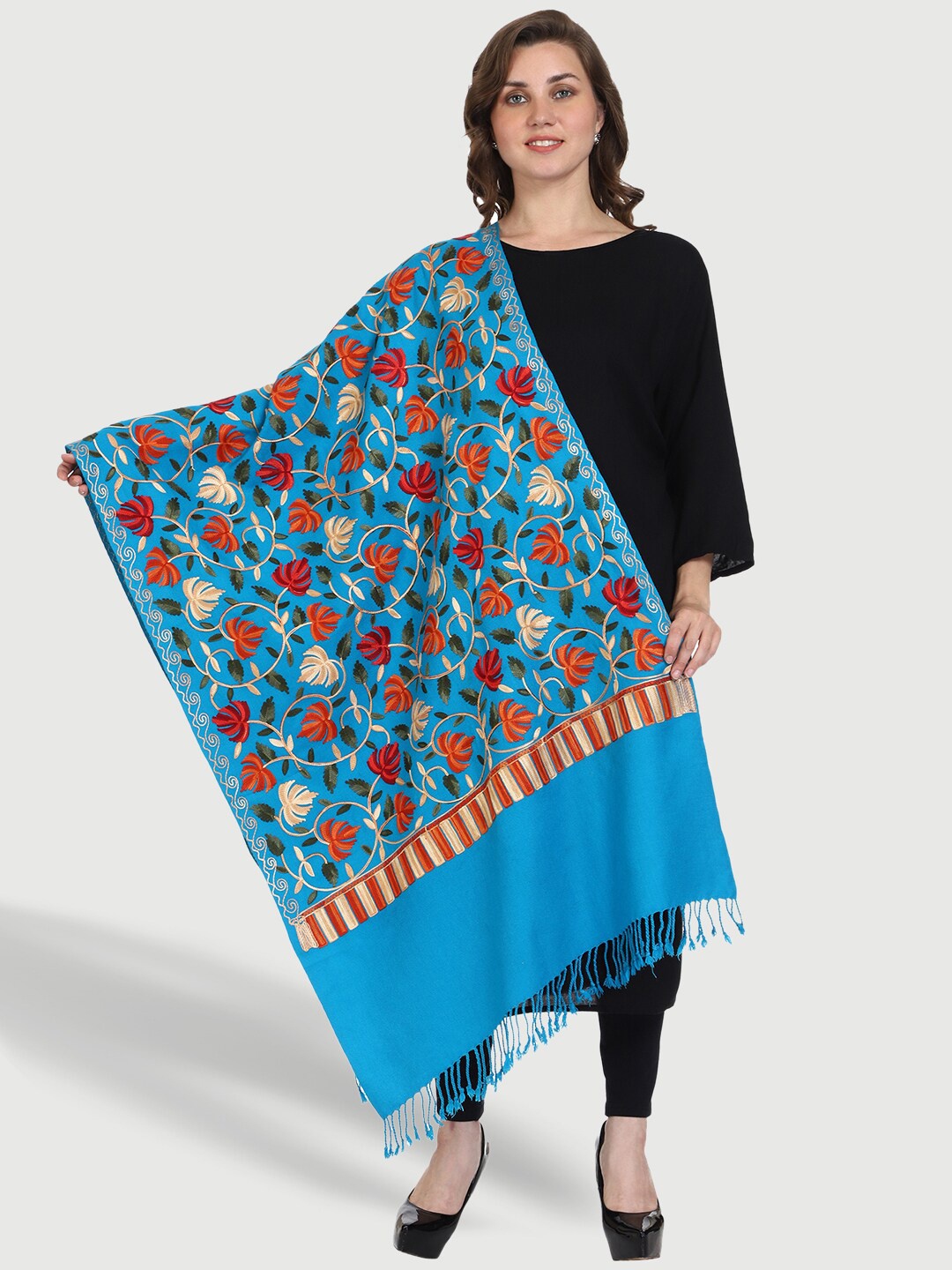 

SWI Stylish Women Aari Woollen Embroidered Stole, Turquoise blue