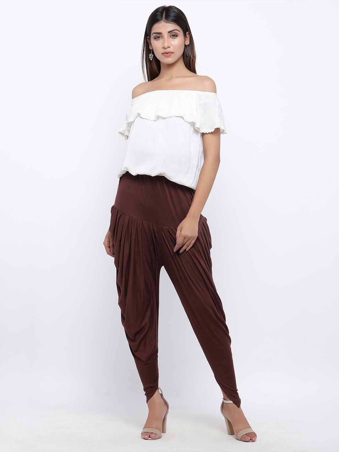 

SOUNDARYA Women Loose-Fit Pleated Pure Cotton Harem Pants, Brown