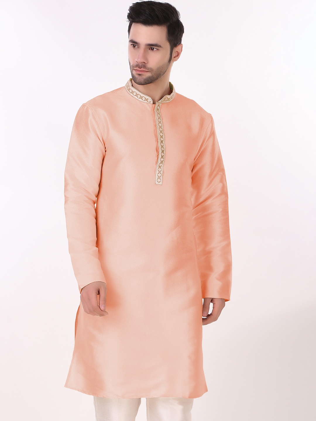 

Cult Indie Mandarin Collar Woven Design Thread Work Kurta with Pyjamas, Peach
