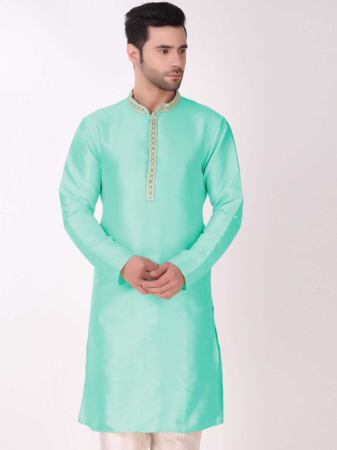 

Cult Indie Mandarin Collar Woven Design Thread Work Kurta with Pyjamas, Sea green