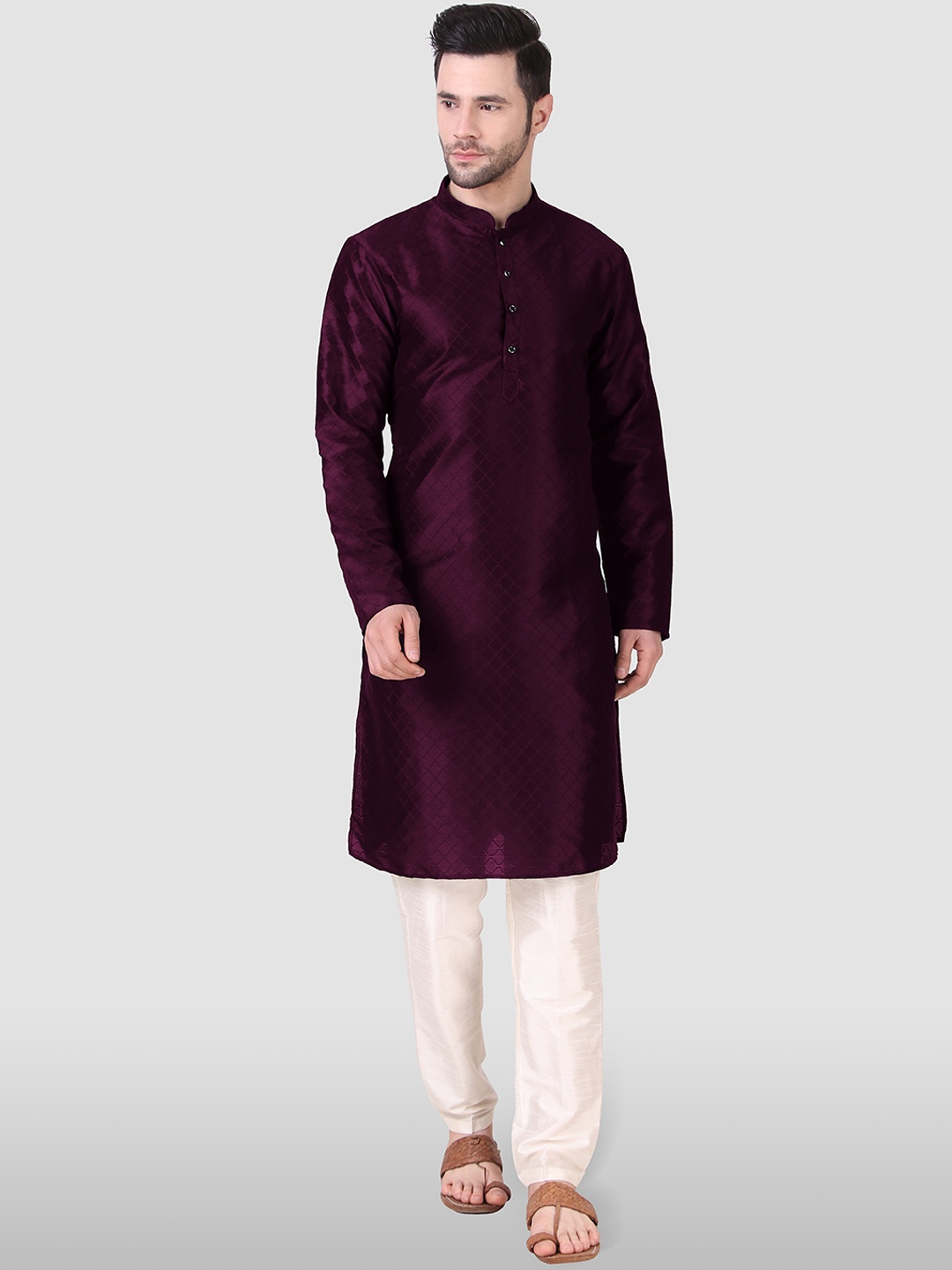

Cult Indie Mandarin Collar Woven Design Straight Kurta with Pyjamas, Purple