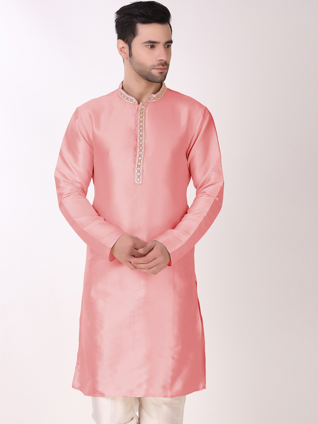 

Cult Indie Geometric Woven Design Mandarin Collar Regular Kurta With Pyjamas, Pink