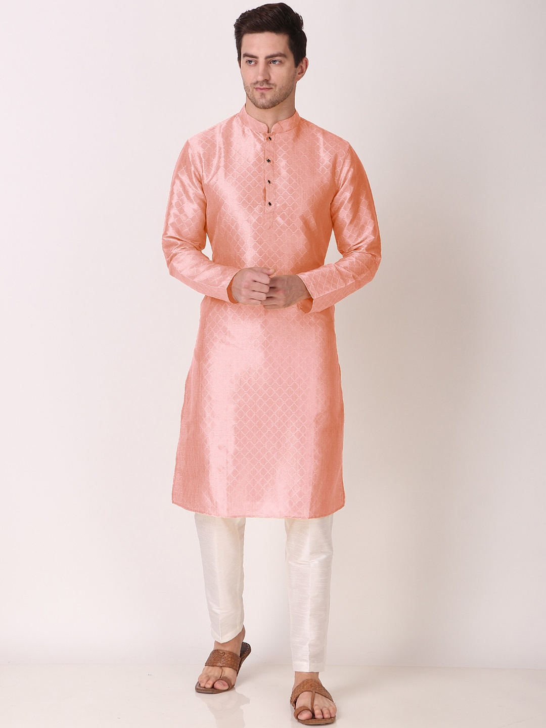 Cult Indie Geometric Woven Design Mandarin Collar Regular Kurta With Pyjamas, Pink