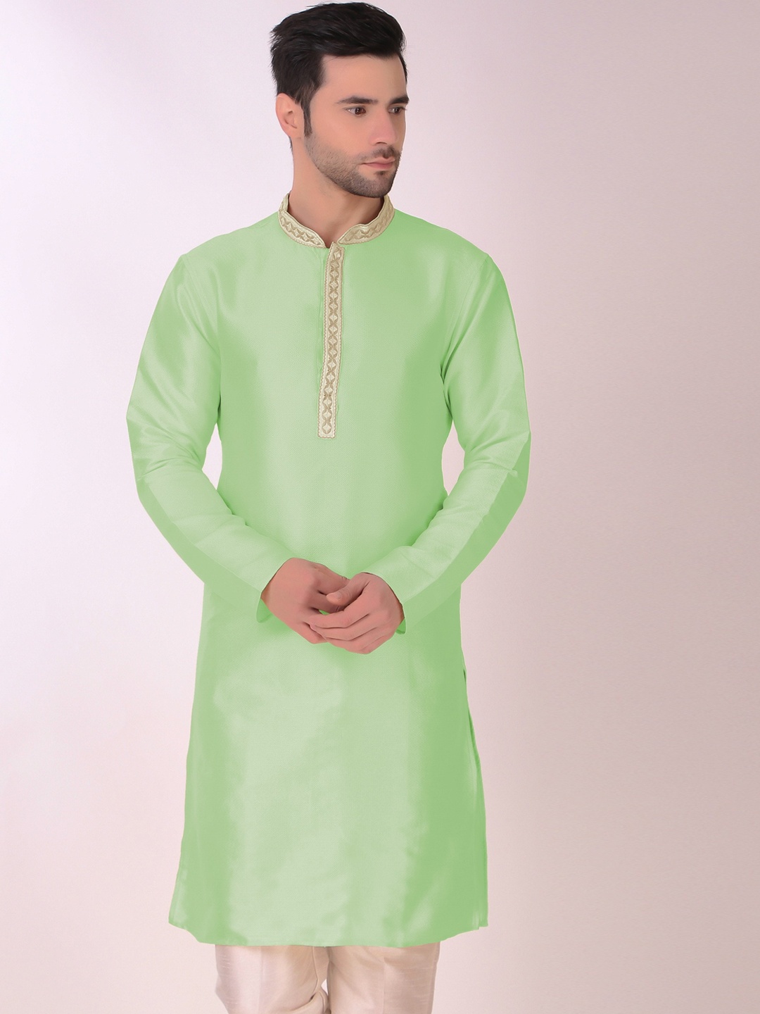 

Cult Indie Mandarin Collar Woven Design Thread Work Kurta with Pyjamas, Green