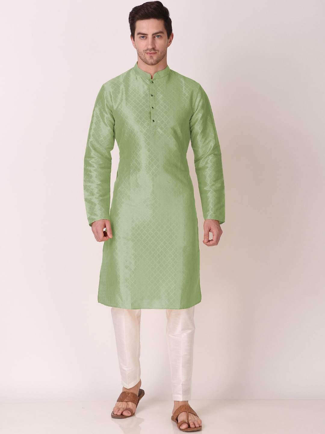 

Cult Indie Geometric Woven Design Mandarin Collar Regular Kurta With Pyjamas, Green