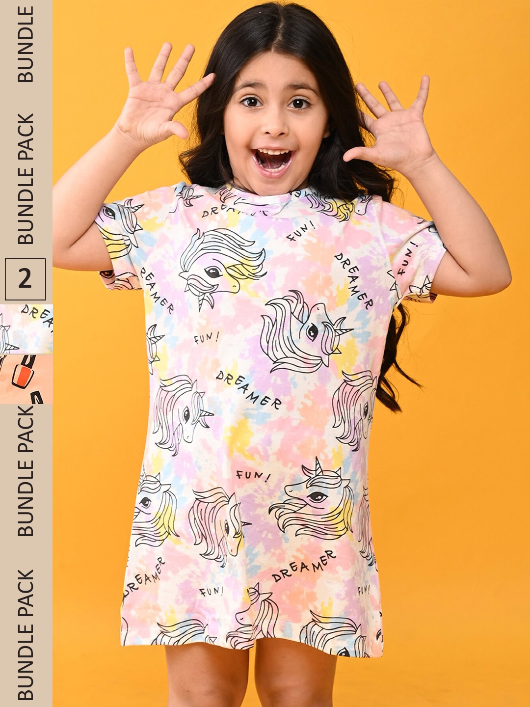 

Anthrilo Girls Pack Of 2 Conversational Printed Pure Cotton Nightdress, Peach